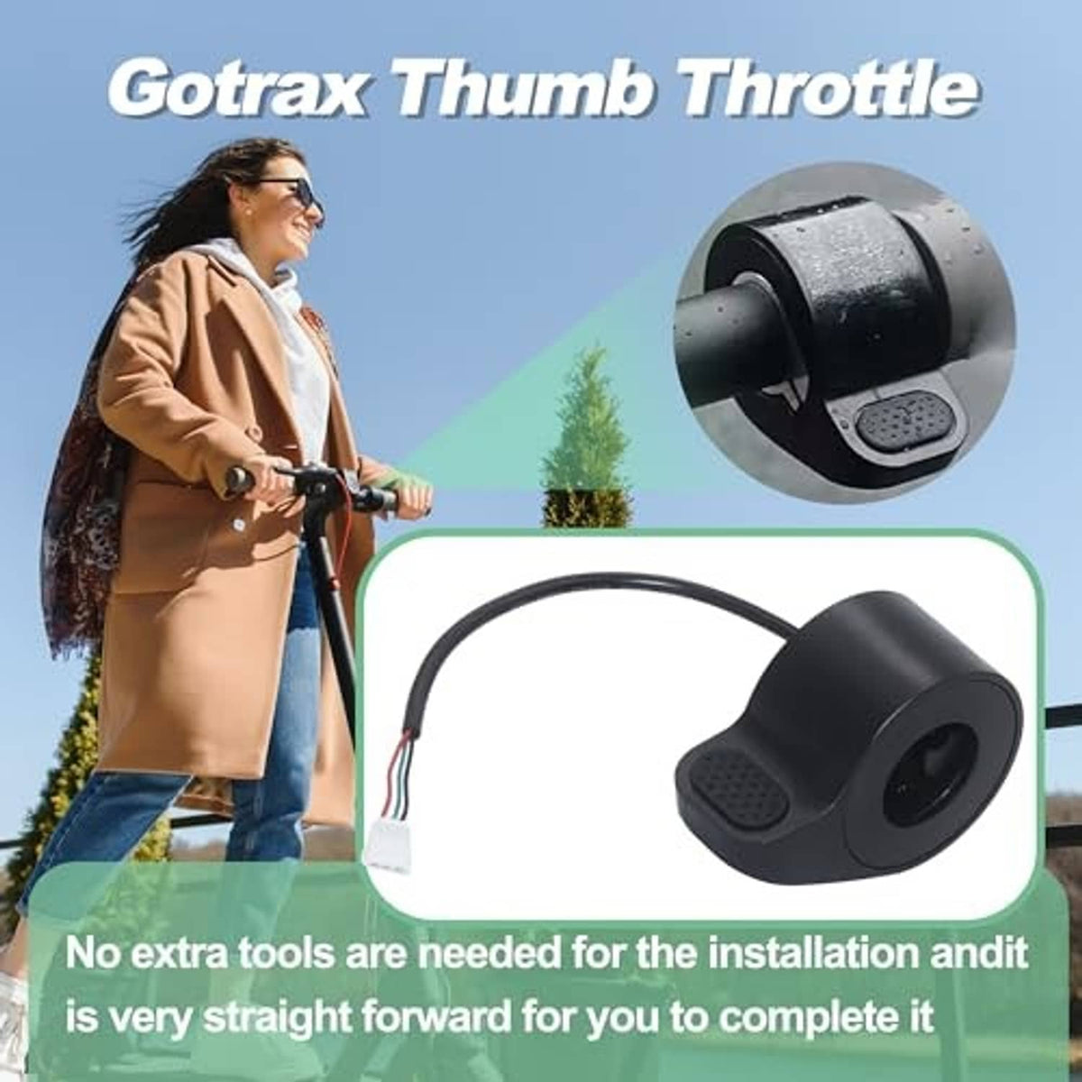 Black thumb throttle control with textured pad, cable leads, and front circular dial