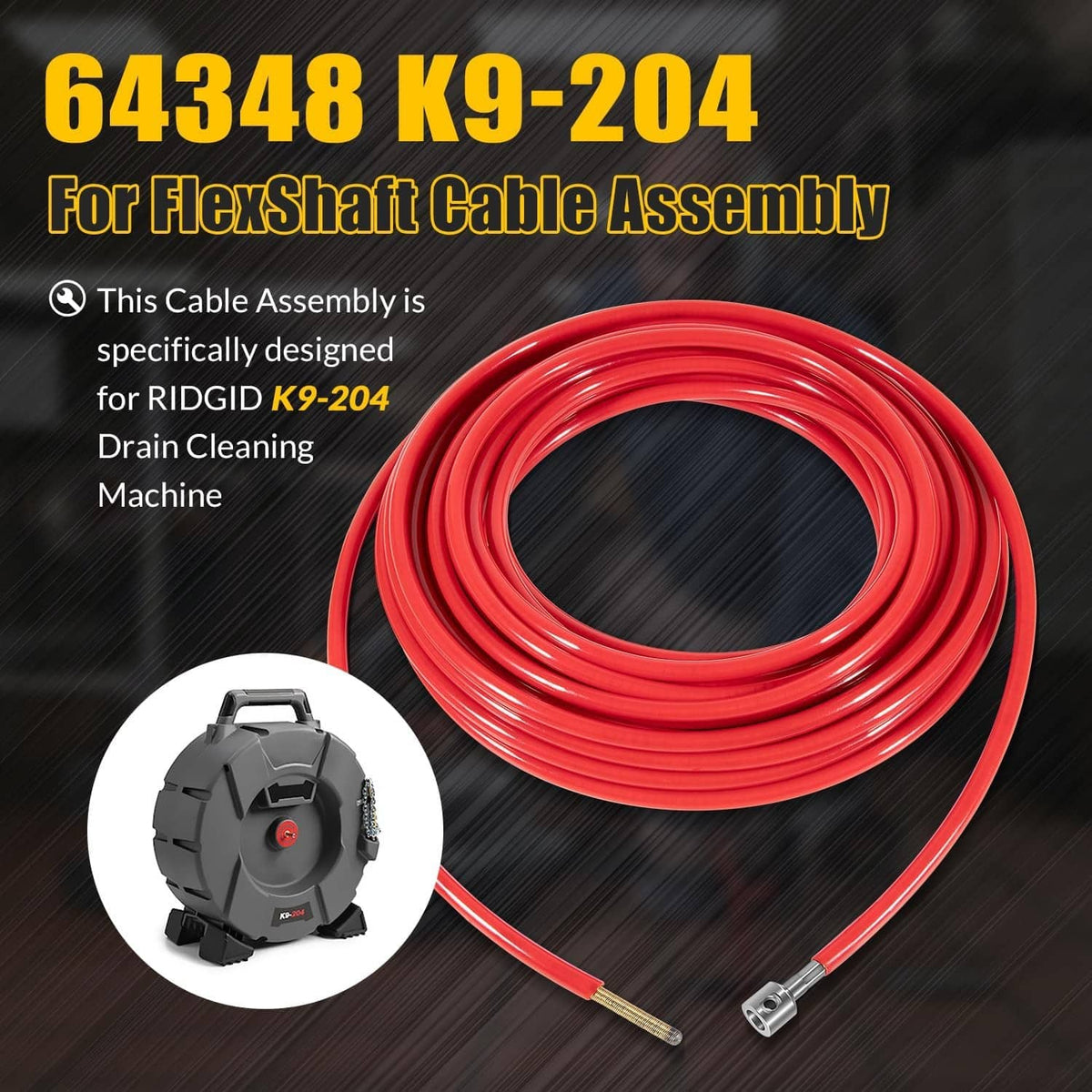 Red coiled drain-cleaning cable assembly with metal coupler ends