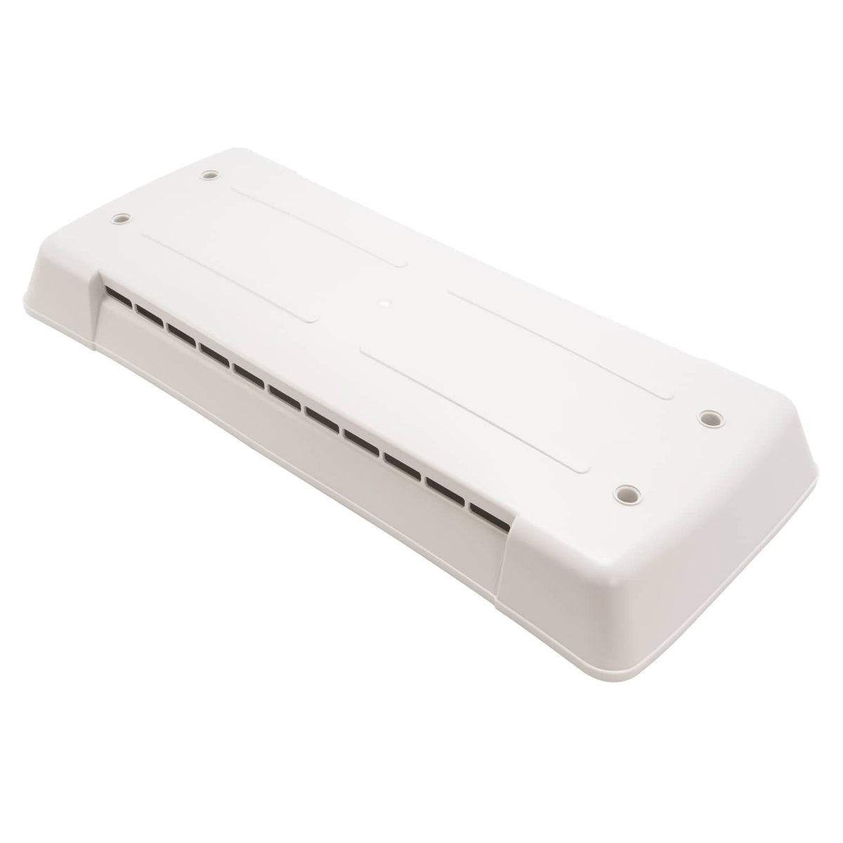 White refrigerator vent cover with long vent grille and two side mounting holes