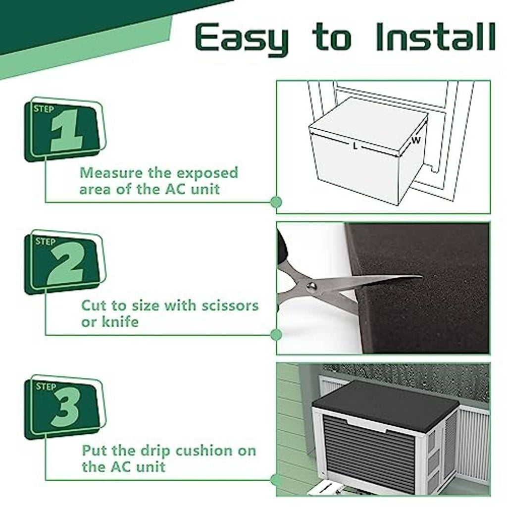 Window air conditioner drip cushion installation guide steps with black cushion on unit