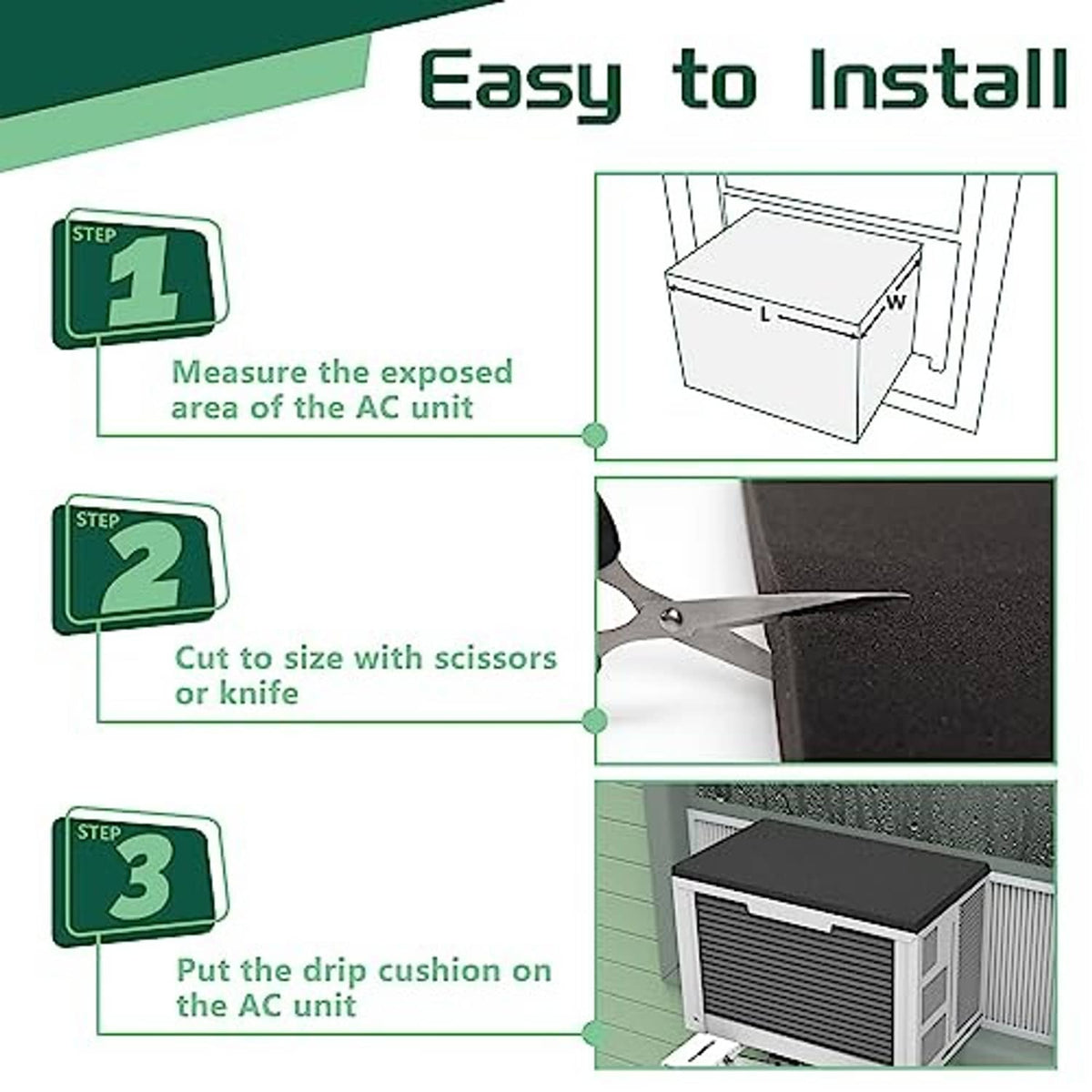 Window air conditioner drip cushion installation guide steps with black cushion on unit