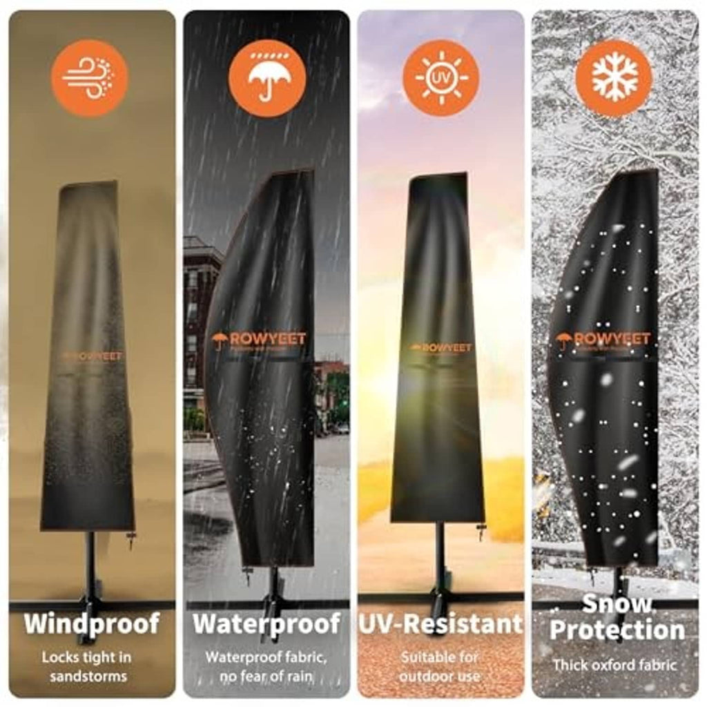 Cantilever umbrella cover protection icons: windproof, waterproof, UV-resistant, snow