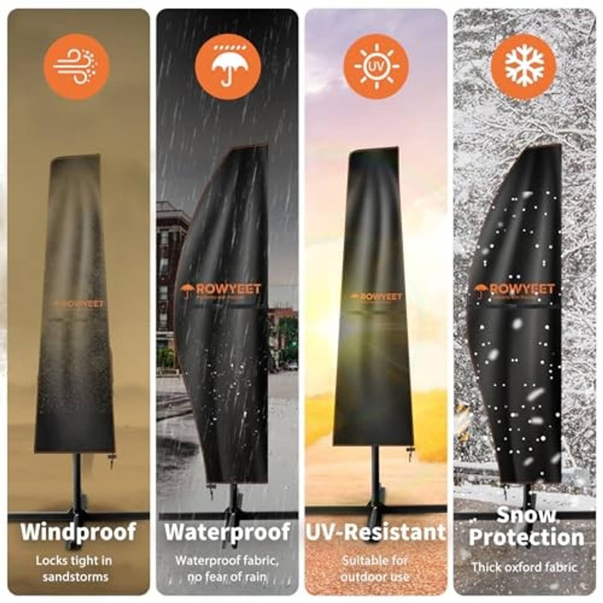 Cantilever umbrella cover protection icons: windproof, waterproof, UV-resistant, snow