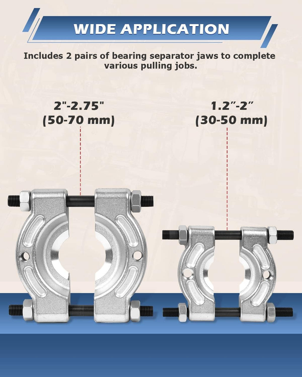 Two adjustable bearing separator jaws with threaded posts for different bearing sizes