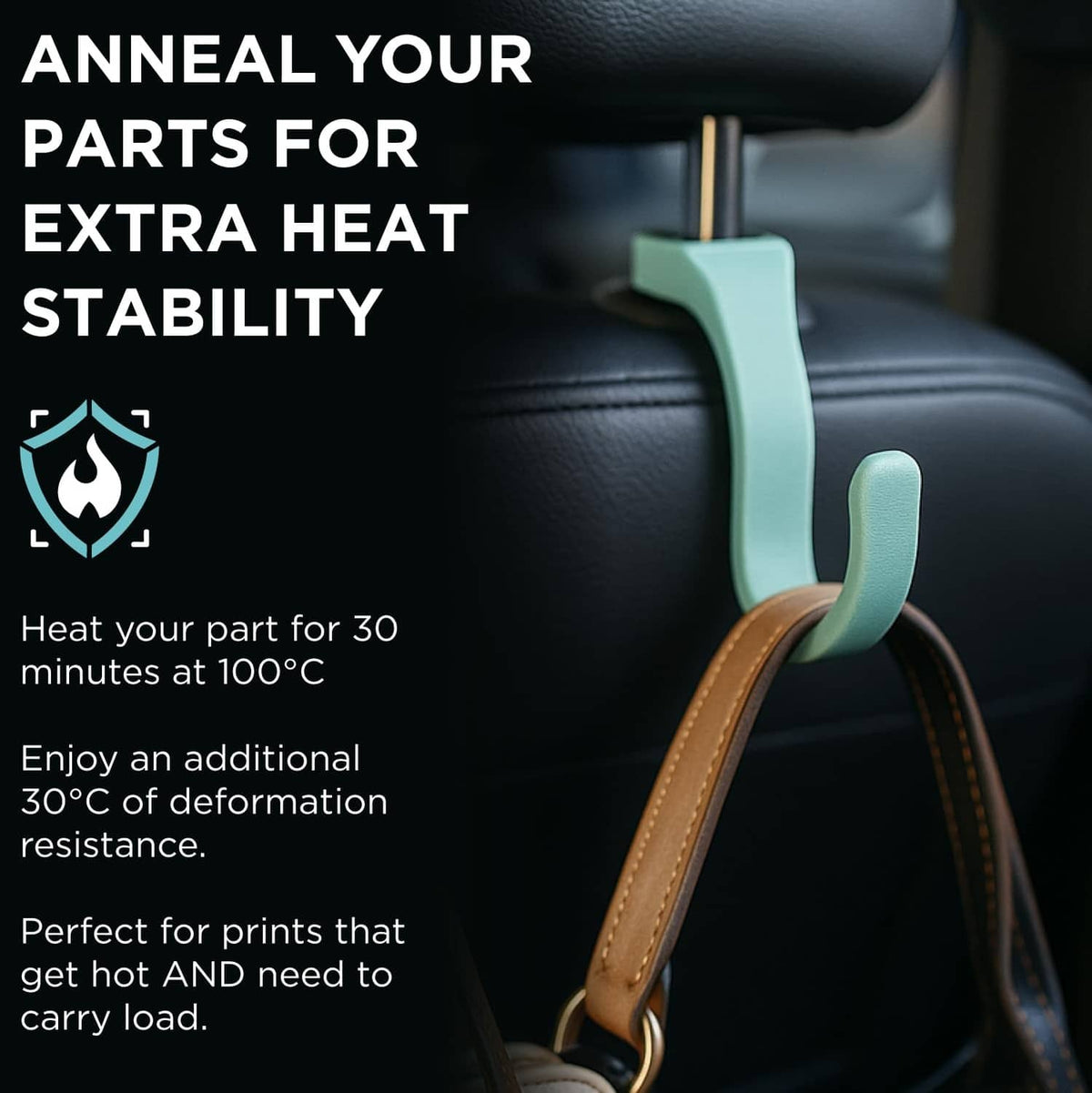 Heat-stable 3D printed part on a car seat strap for extra heat stability
