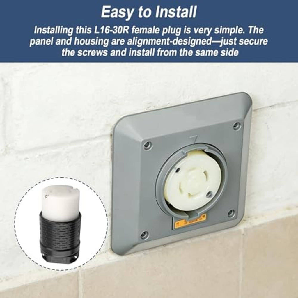 Wall-mounted locking power receptacle with round socket on grey faceplate