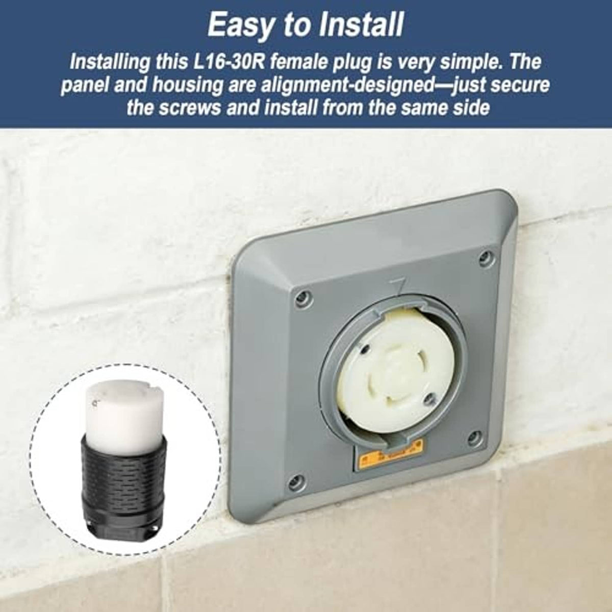 Wall-mounted locking power receptacle with round socket on grey faceplate