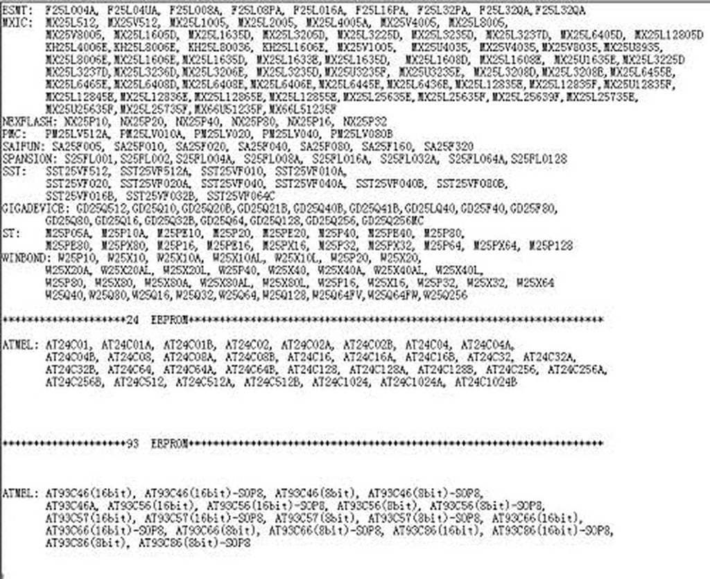 Printed IC compatibility text sheet for EEPROM/SPI programming
