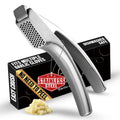 Stainless steel garlic press with fine-mince grater plate and arched handles