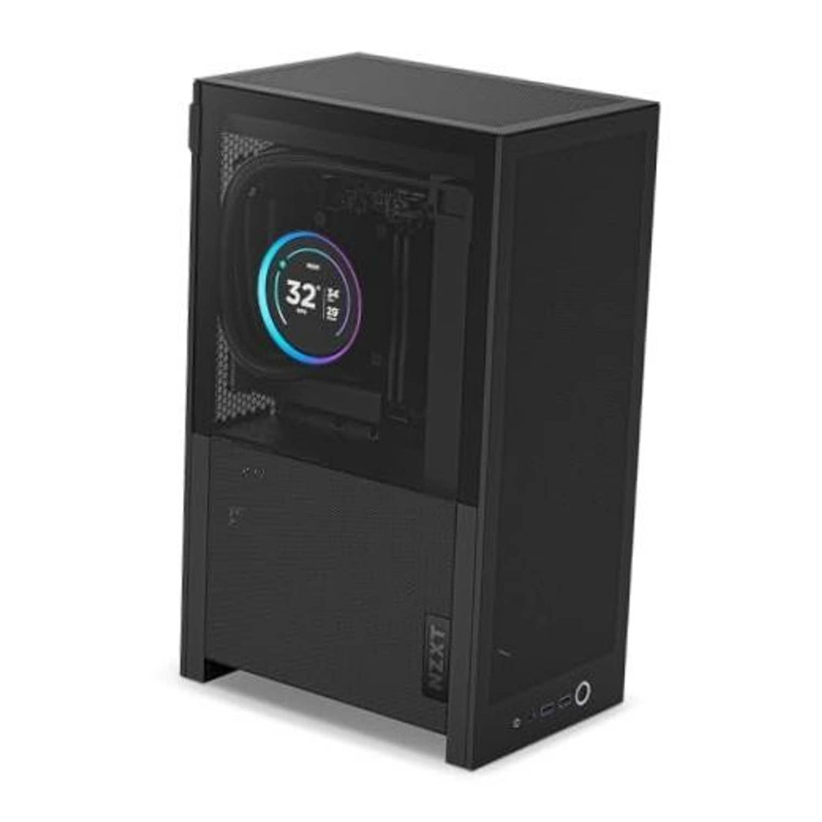 Black Mini-ITX PC case with front tempered glass window and vented side panels
