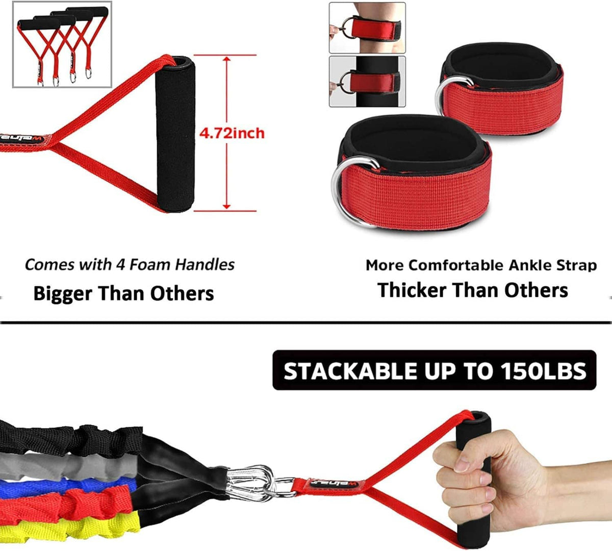 Resistance band set with red bands, foam handles, and black ankle strap loops