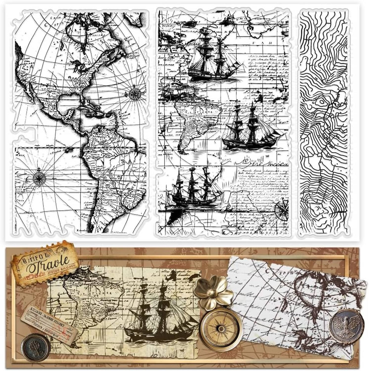 Clear stamps featuring vintage world map, sailboats, and topographic contour strip design