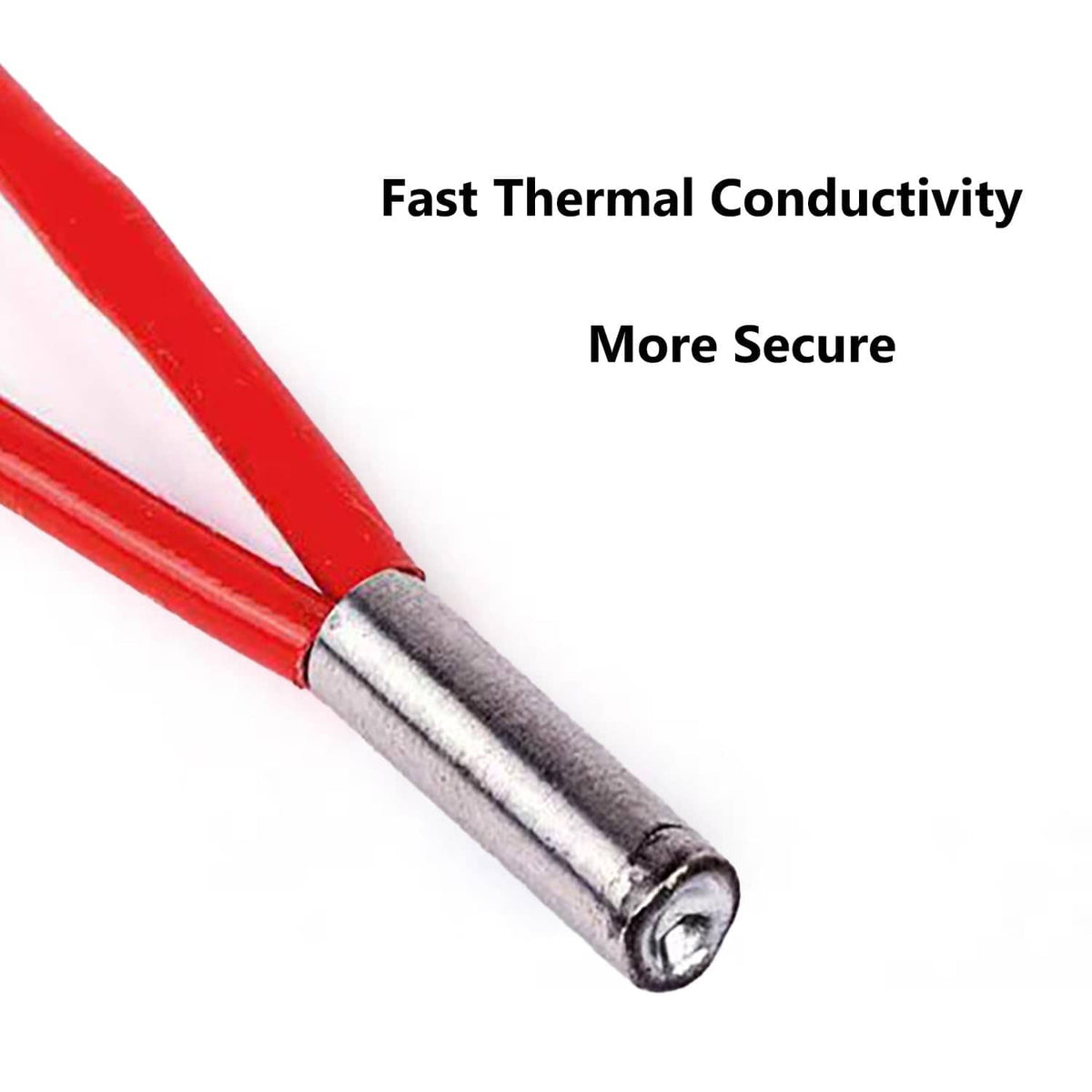 3D printer heater cartridge with red insulated wires and metal cylinder tip