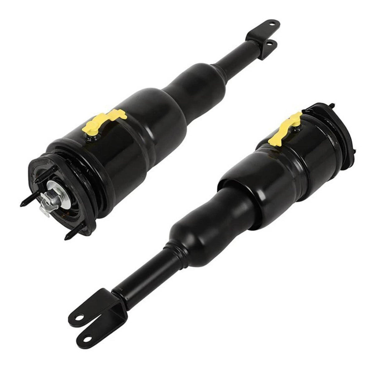 Front air suspension shock strut pair, black cylinders with yellow service caps and bracket ends