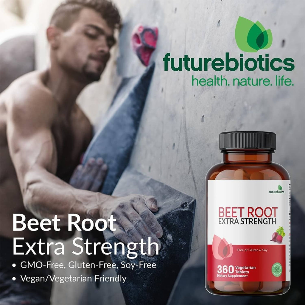 Beet root extra strength supplement bottle on promotional background