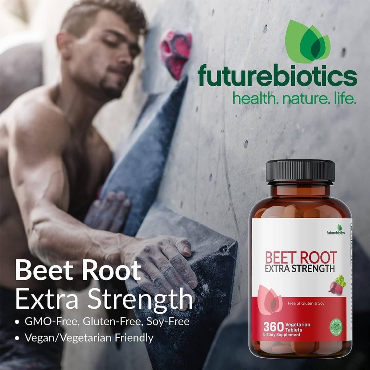 Beet root extra strength supplement bottle on promotional background