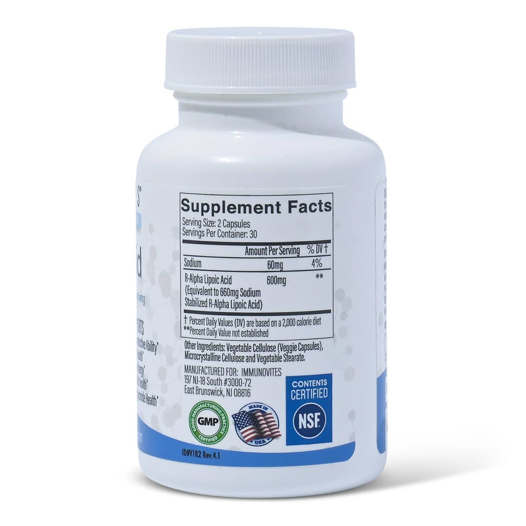 Immunovites NaR-Alpha Lipoic Acid bottle back label showing Supplement Facts and NSF badge