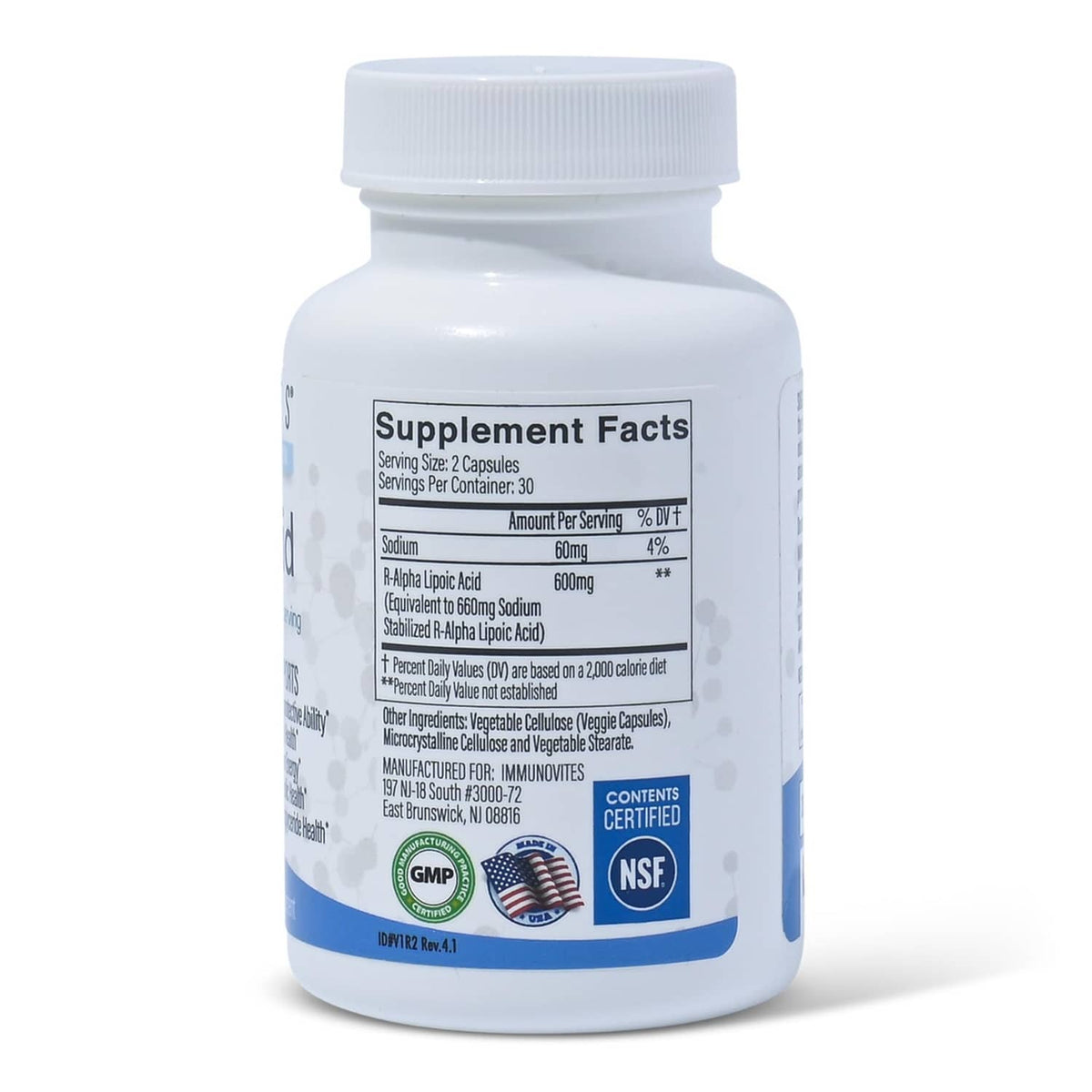 Immunovites NaR-Alpha Lipoic Acid bottle back label showing Supplement Facts and NSF badge