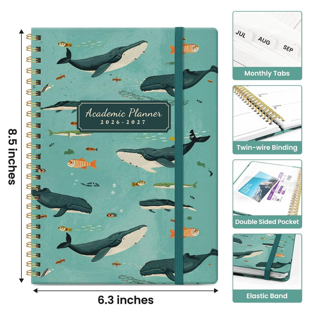 Teal planner with whale print cover, twin-wire binding, elastic band, size 6.3x8.5