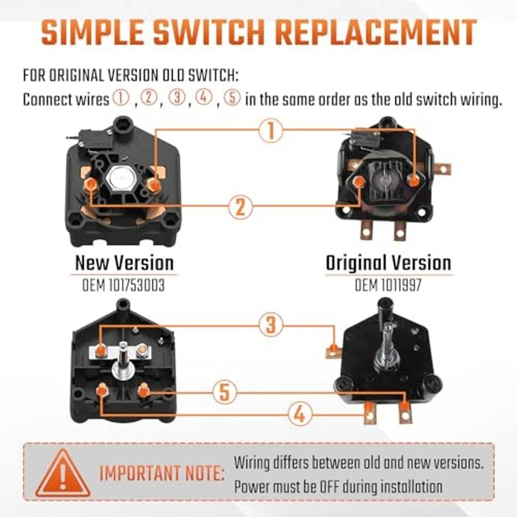 Forward/reverse switch replacement wiring guide showing new vs original version layout