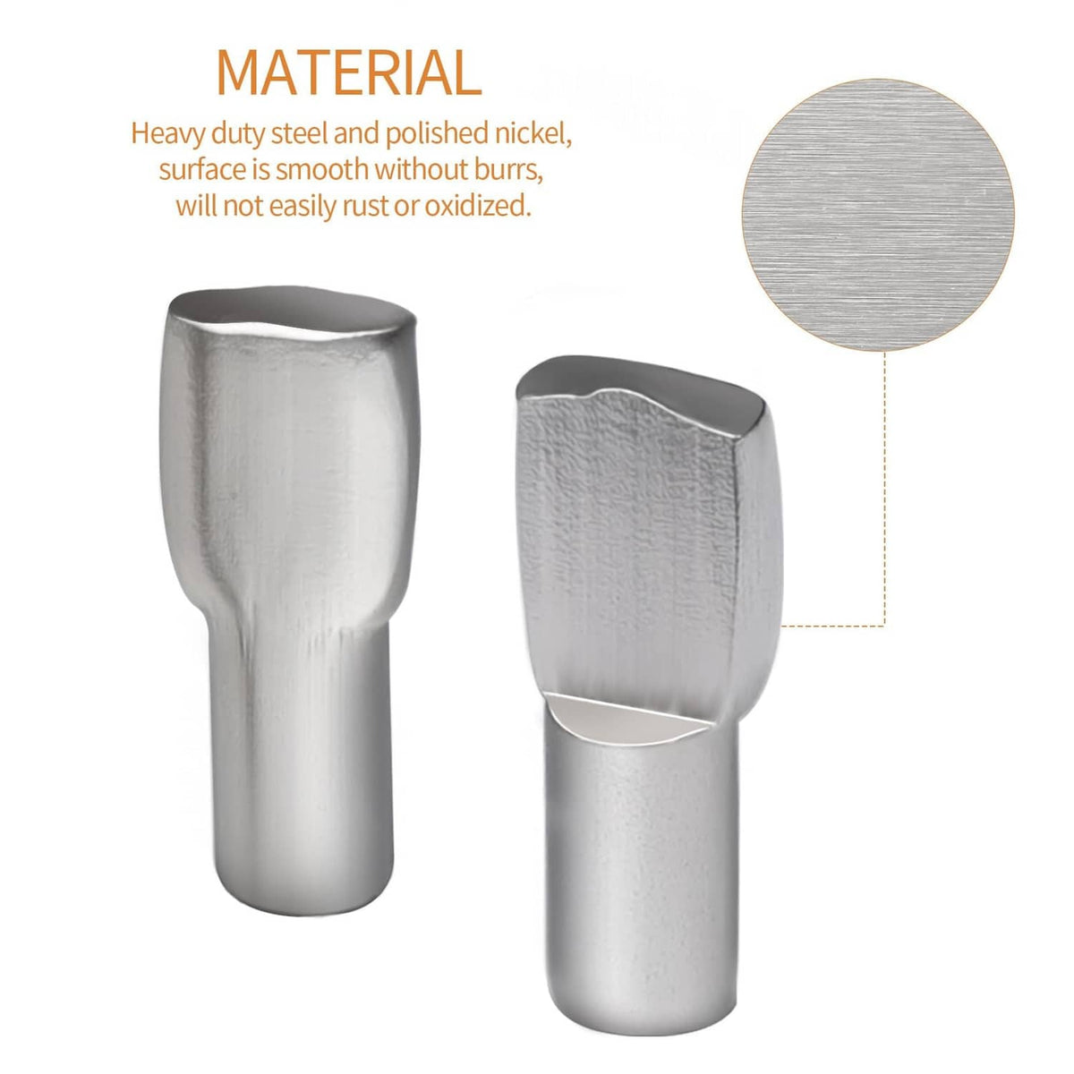Silver metal shelf peg pins, close-up pair with smooth polished finish