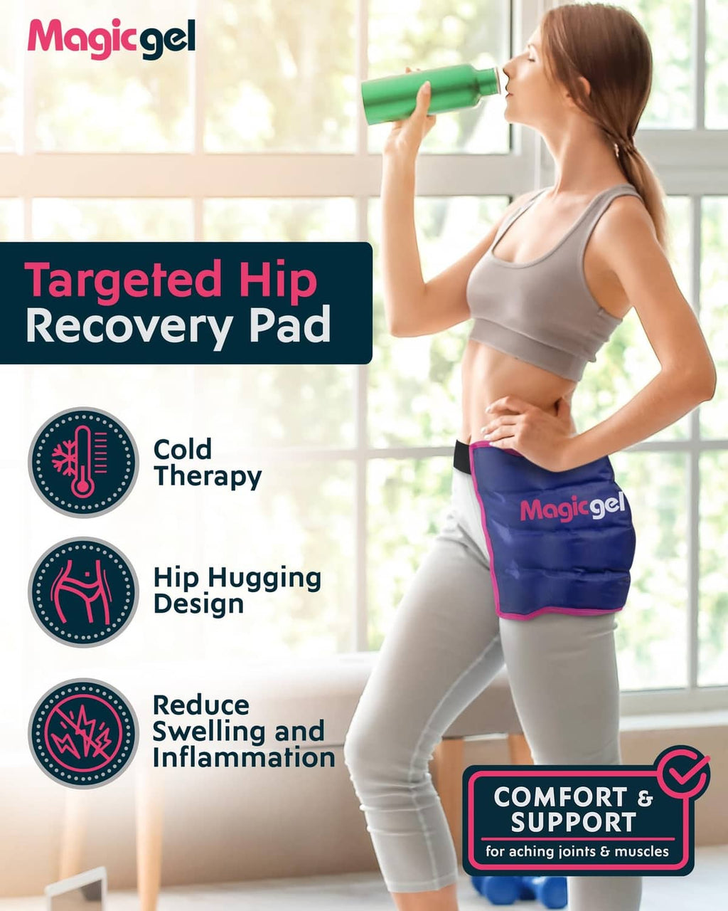 Blue hip wrap ice pack with pink edge, worn on hip by woman in workout wear