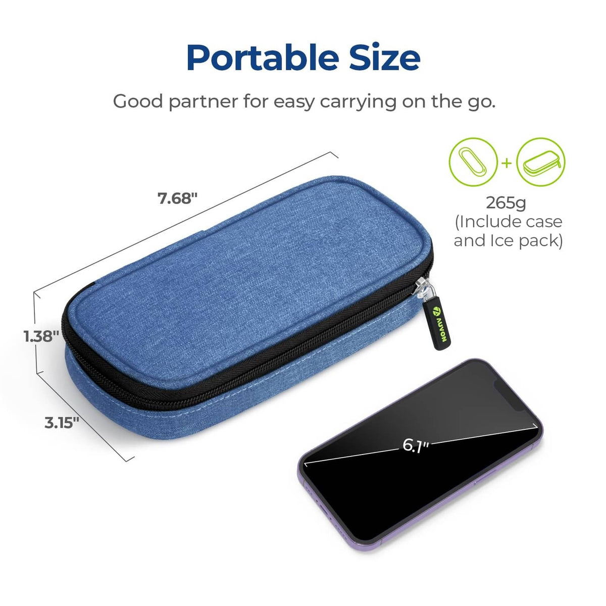 Blue portable cooler case with zipper, rectangular slim profile