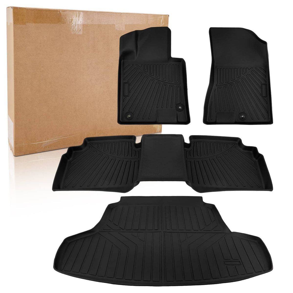 All-weather black car floor mat set, including front, rear, and center pieces