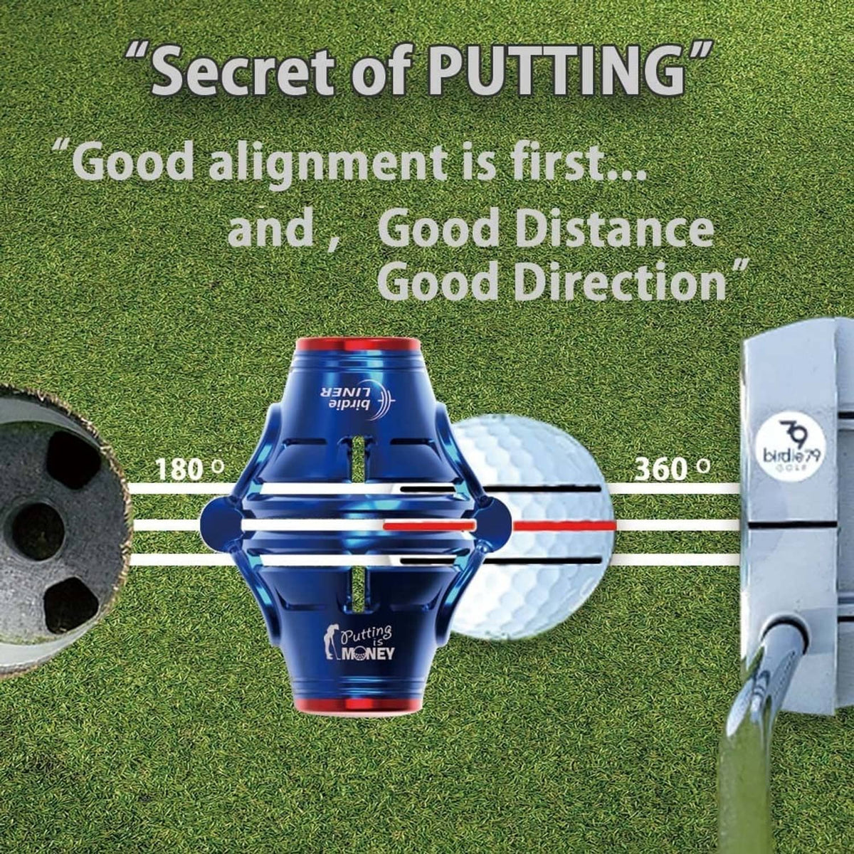 Blue golf ball marker alignment tool with white golf ball and putting guide lines