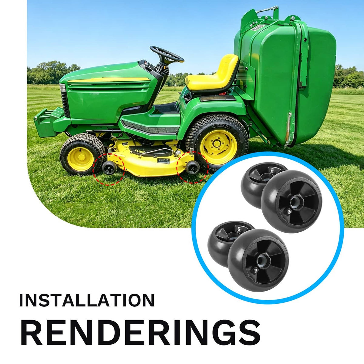 Four black deck mower wheels included with kit, shown alongside a lawn tractor