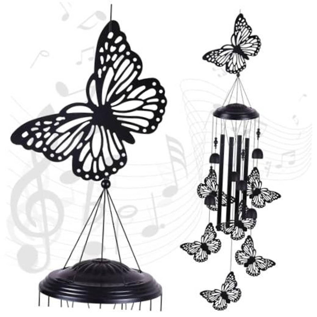 Black butterfly wind chime with five hanging bars and metal butterfly cutouts
