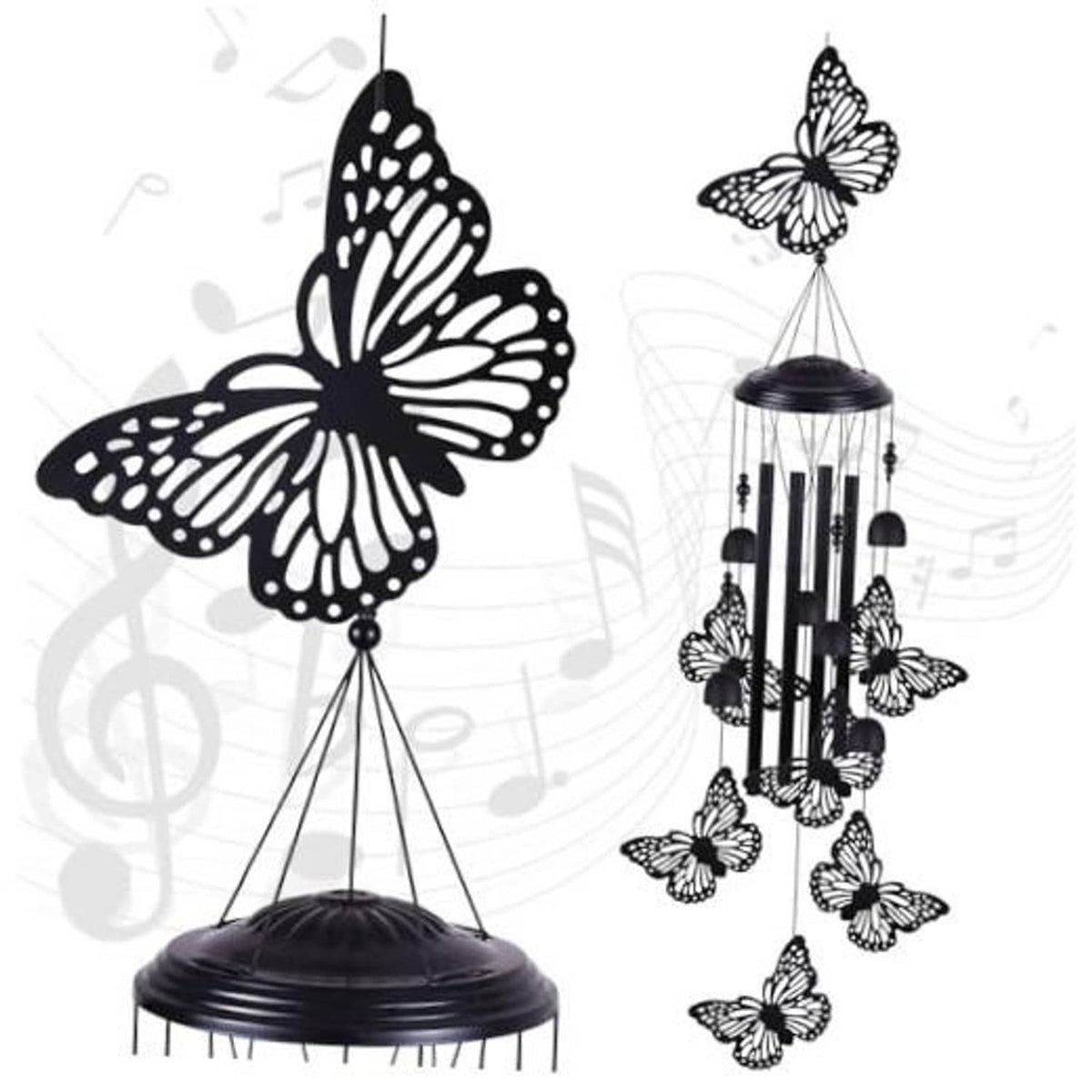 Black butterfly wind chime with five hanging bars and metal butterfly cutouts