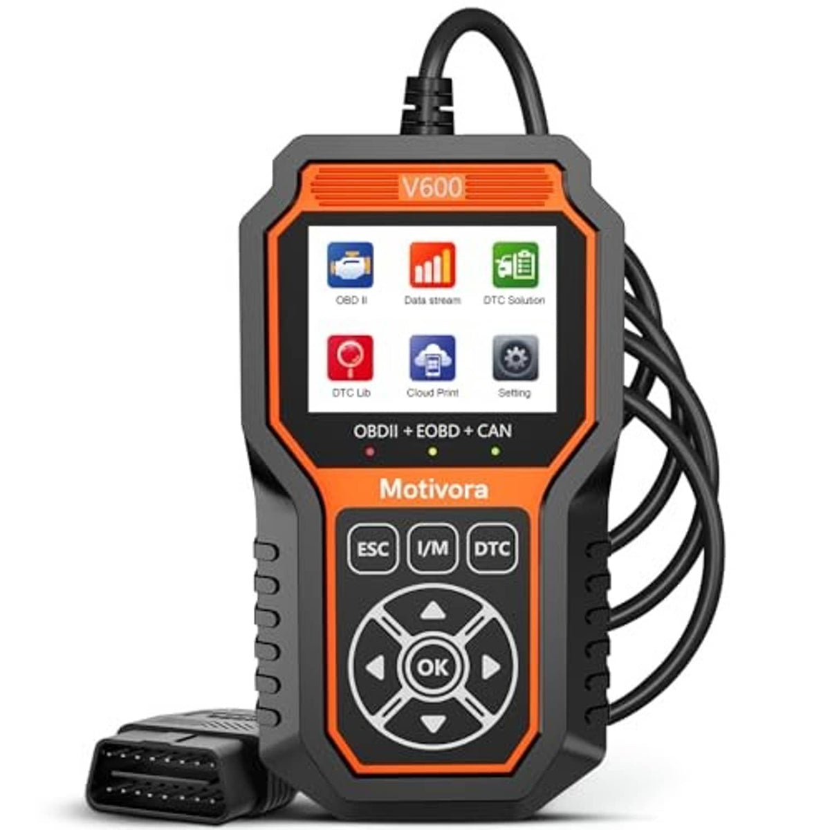 Motivora V600 OBD2 scanner tool with top screen and OBD cable connection