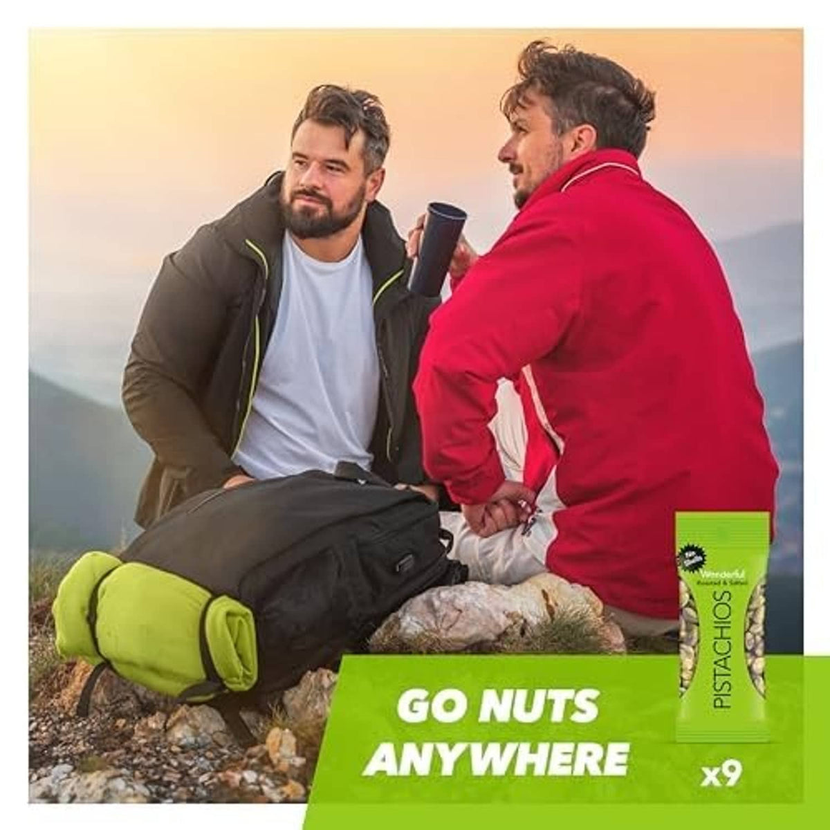 Outdoor hikers with Wonderful Pistachios x9 multipack label and small pack