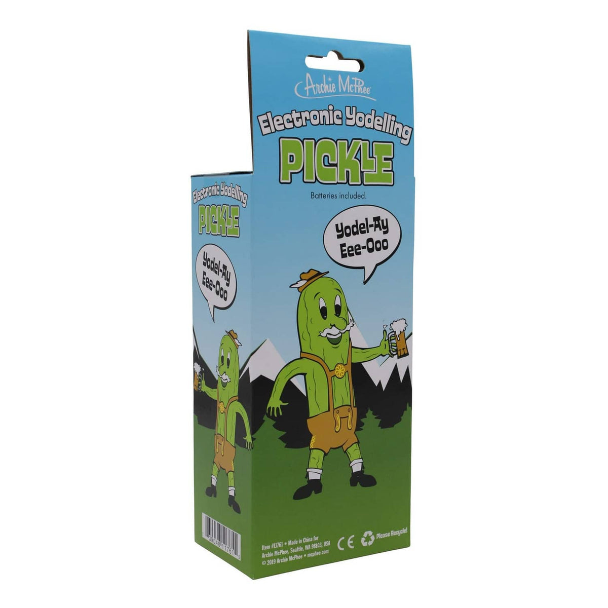 Electronic yodeling pickle toy retail box back with product info and graphics