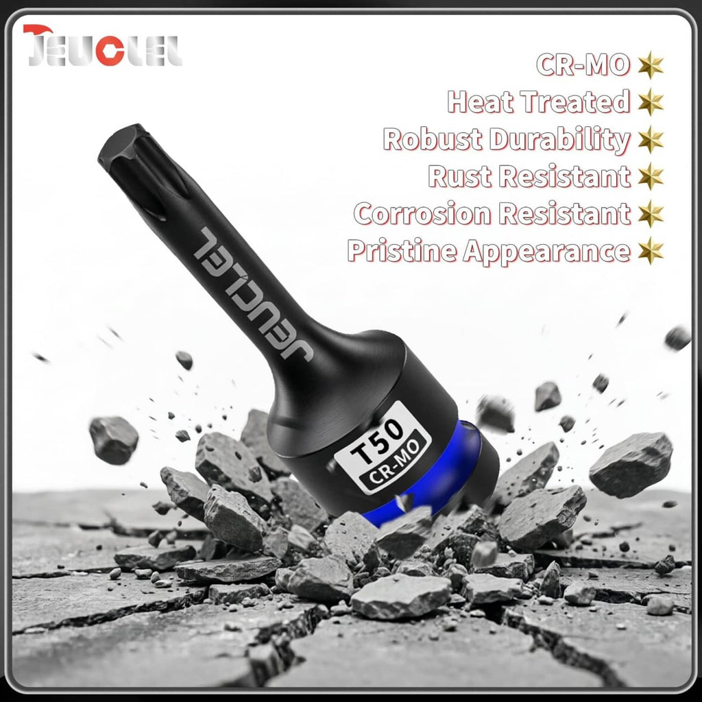 Black T50 Torx socket with blue band, rugged finish design shown with debris