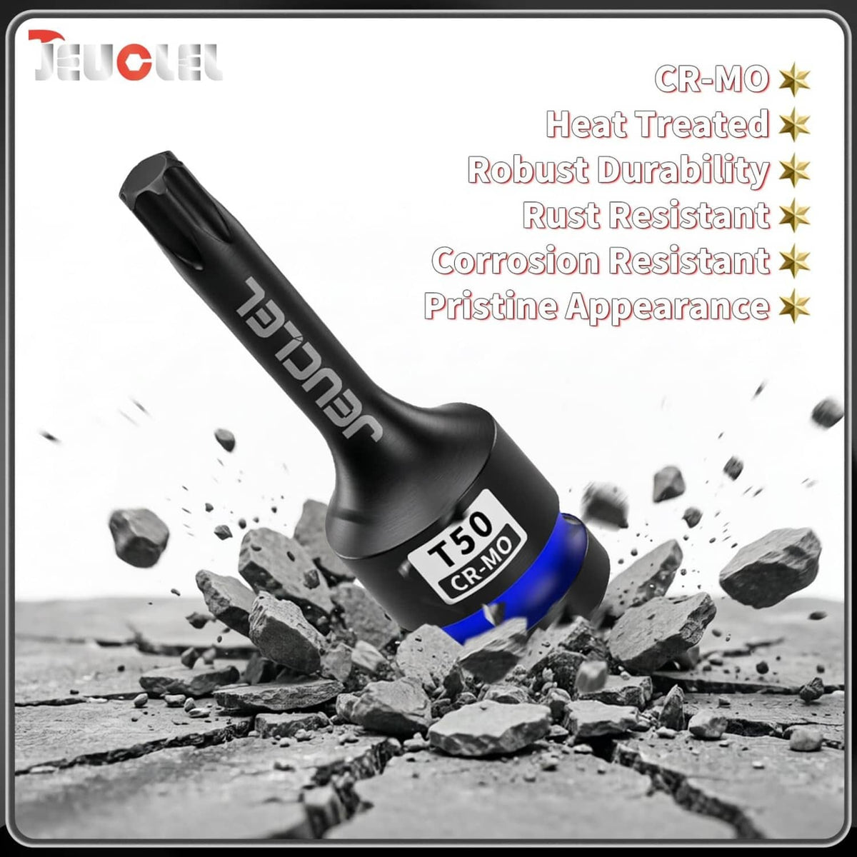 Black T50 Torx socket with blue band, rugged finish design shown with debris