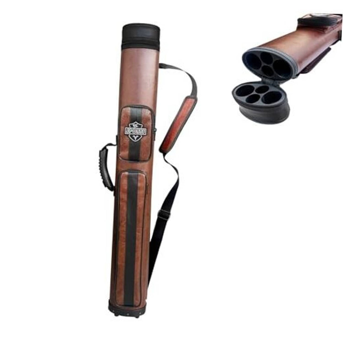 Hard-shell pool cue case in brown leather-look with black end caps and carry strap