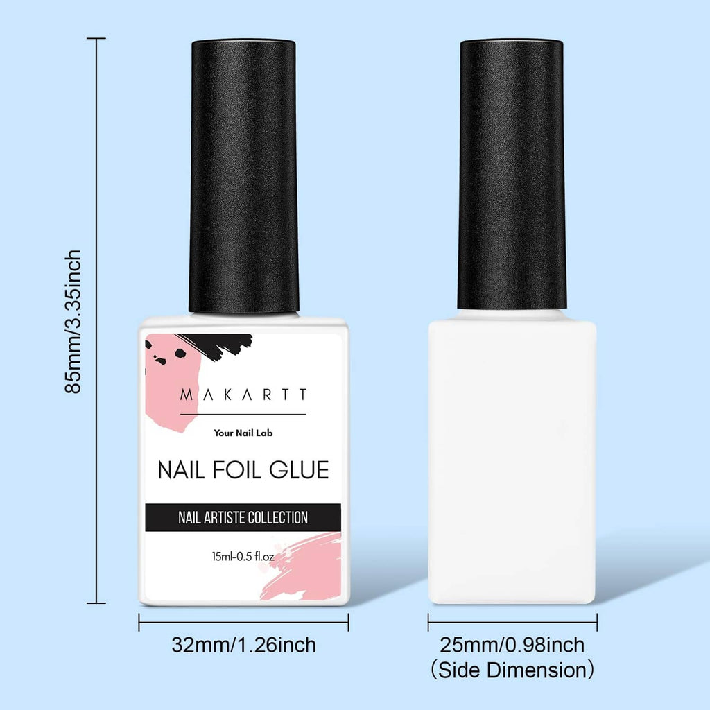Nail foil glue gel bottle shown with size dimensions on front and back