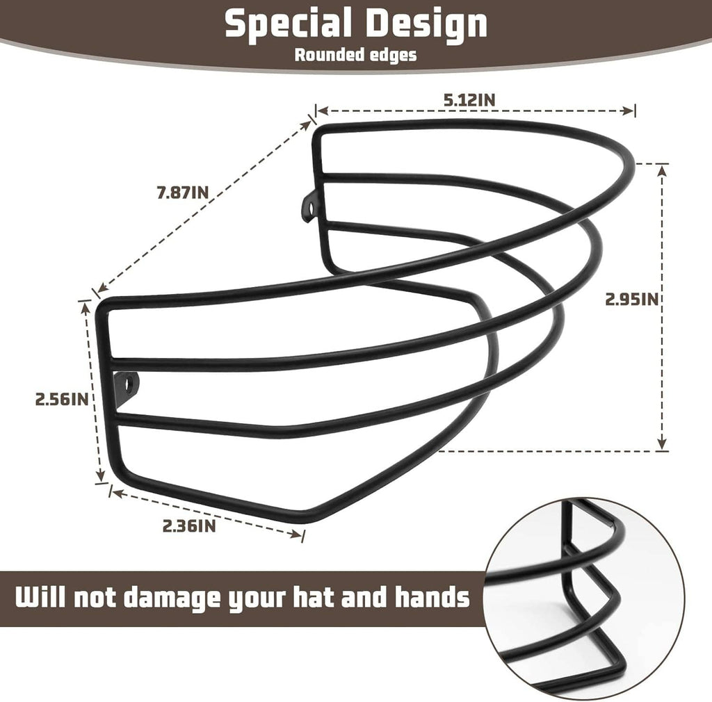 Black metal hat rack bracket with rounded rails for baseball caps