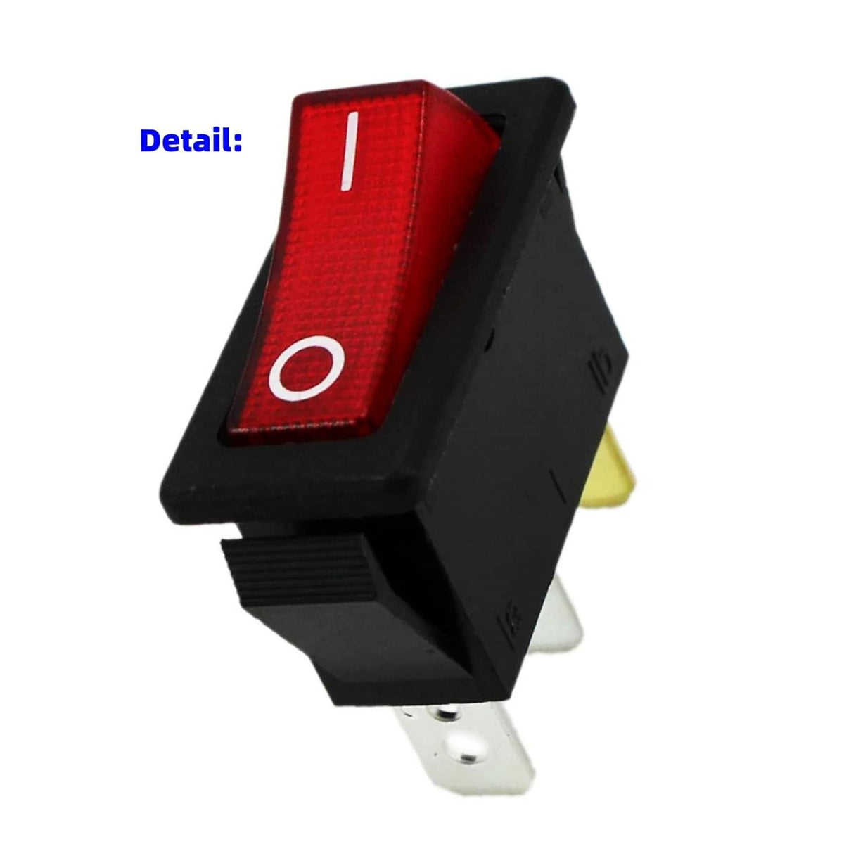 On/off rocker switch with red illuminated cap, white O marking, and mounting pins