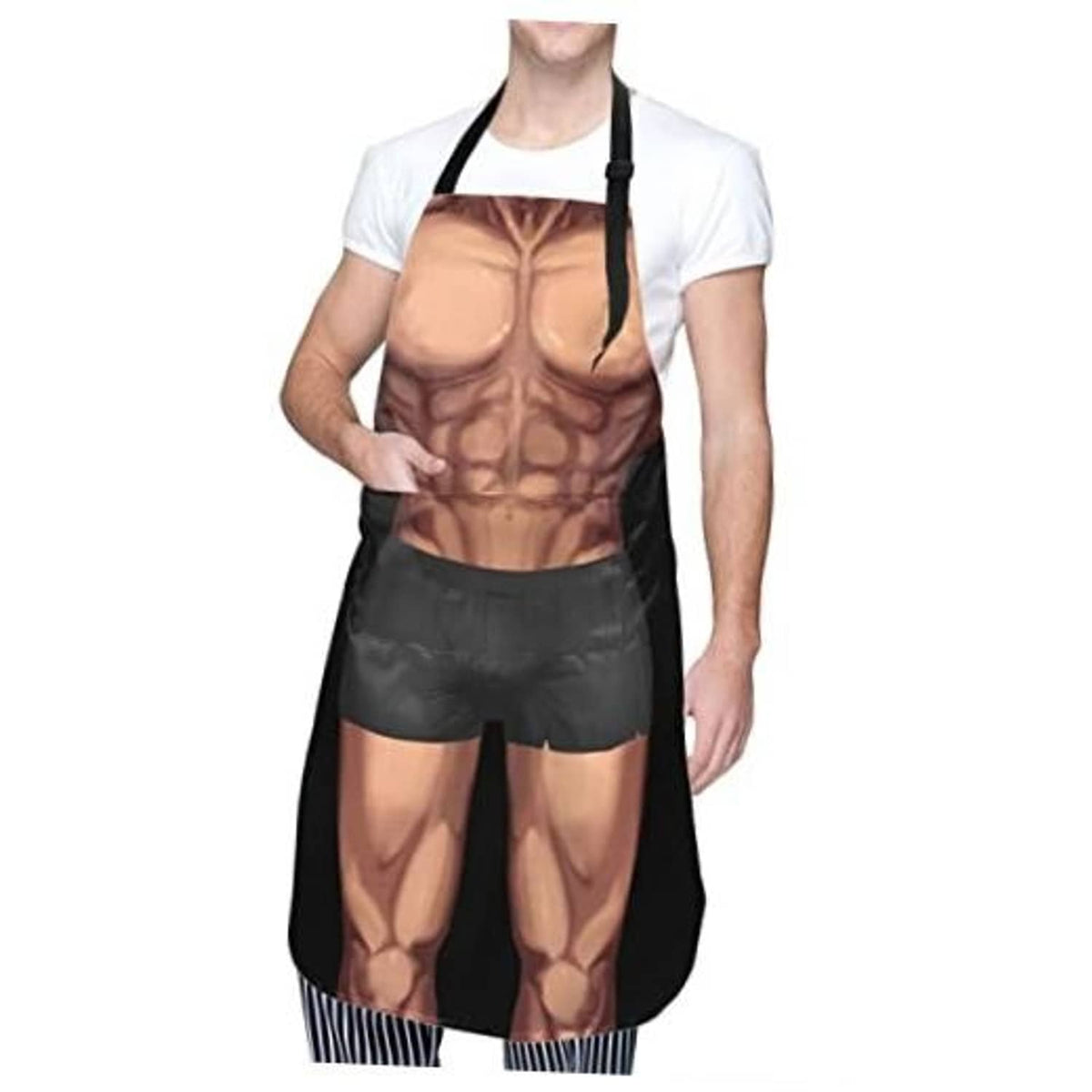 Black kitchen apron with muscular torso print and two front pockets