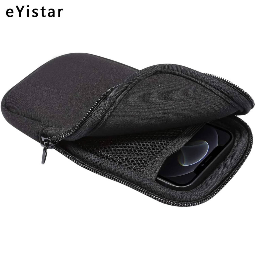 Black shockproof phone pouch sleeve opened, with phone and mesh inner divider