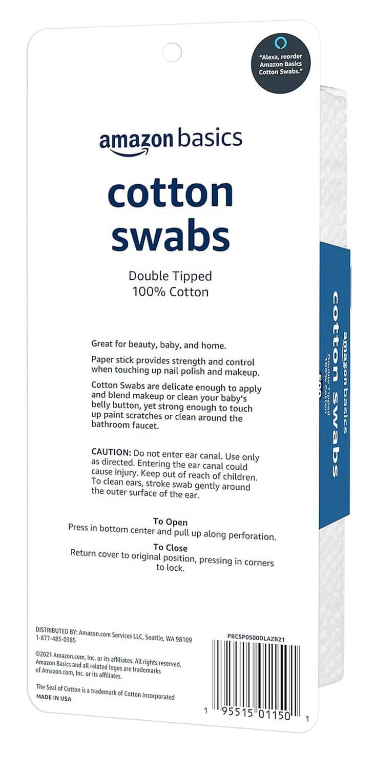 Back of cotton swabs package card with product details and caution panel