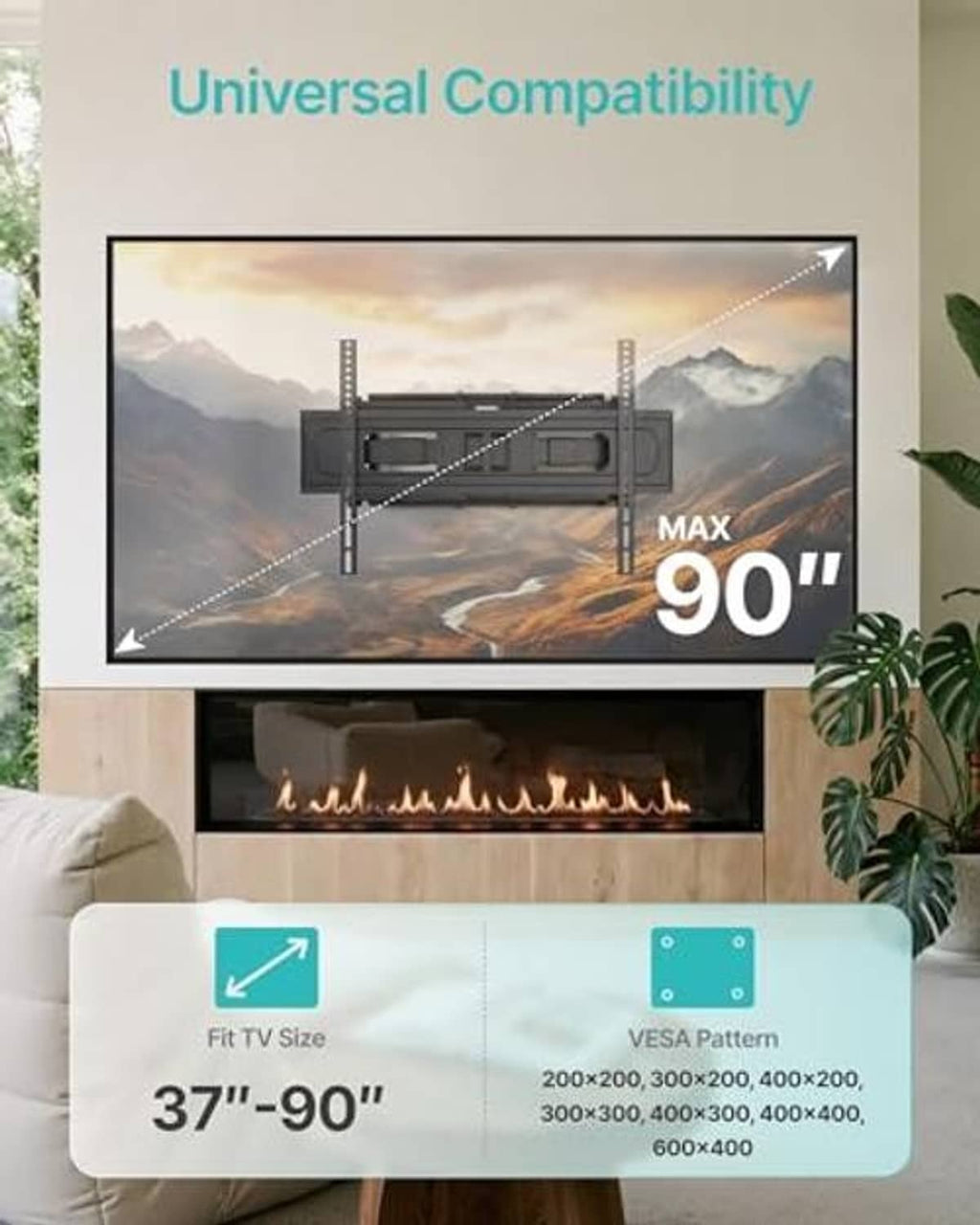 TV wall mount with mounting rail and brackets, designed for 37–90 inch TVs.