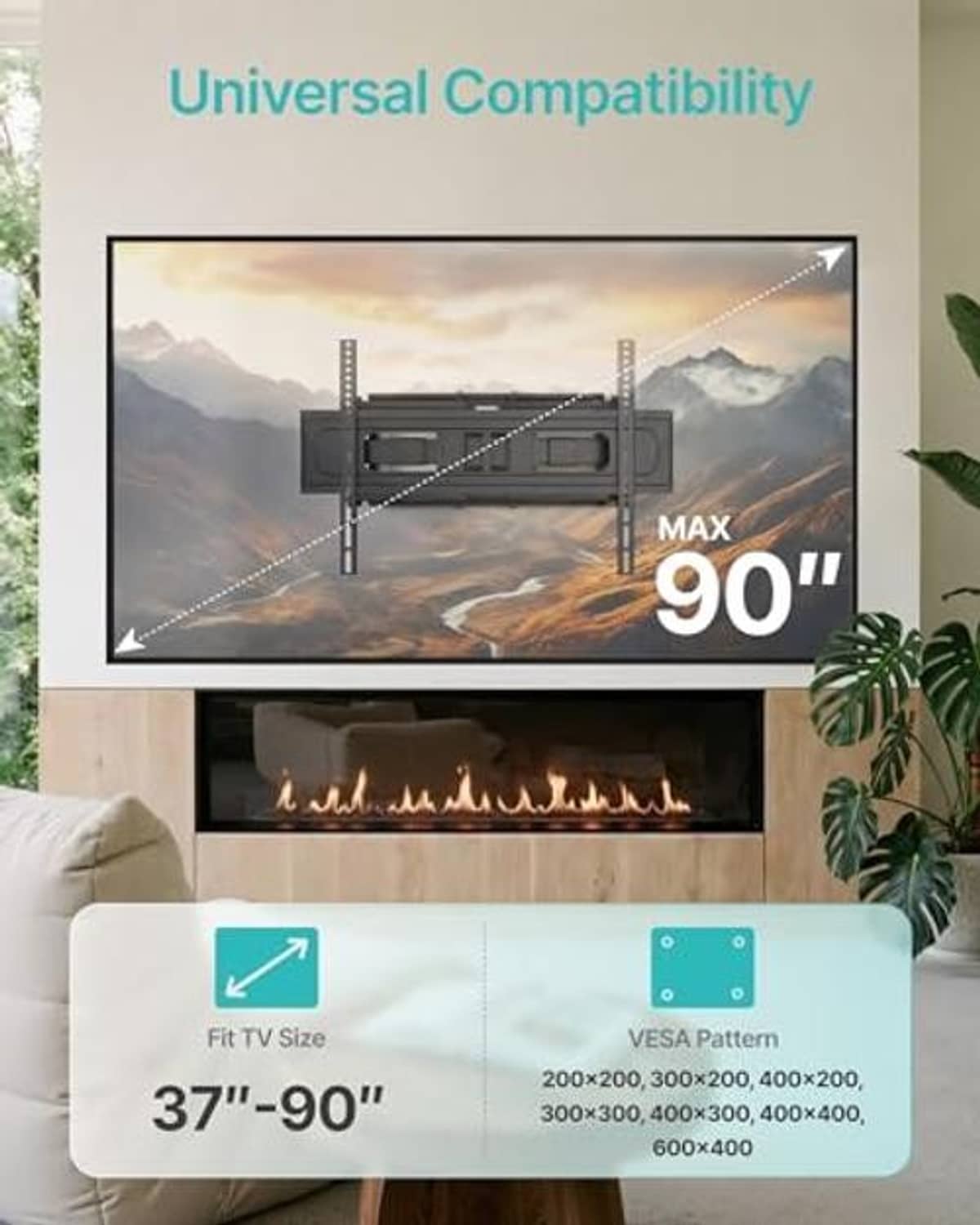 TV wall mount with mounting rail and brackets, designed for 37–90 inch TVs.