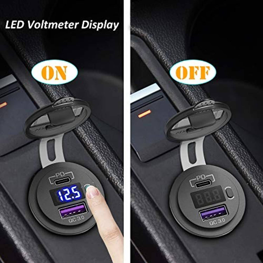 Black dual USB charger socket with blue LED voltmeter display, ON and OFF