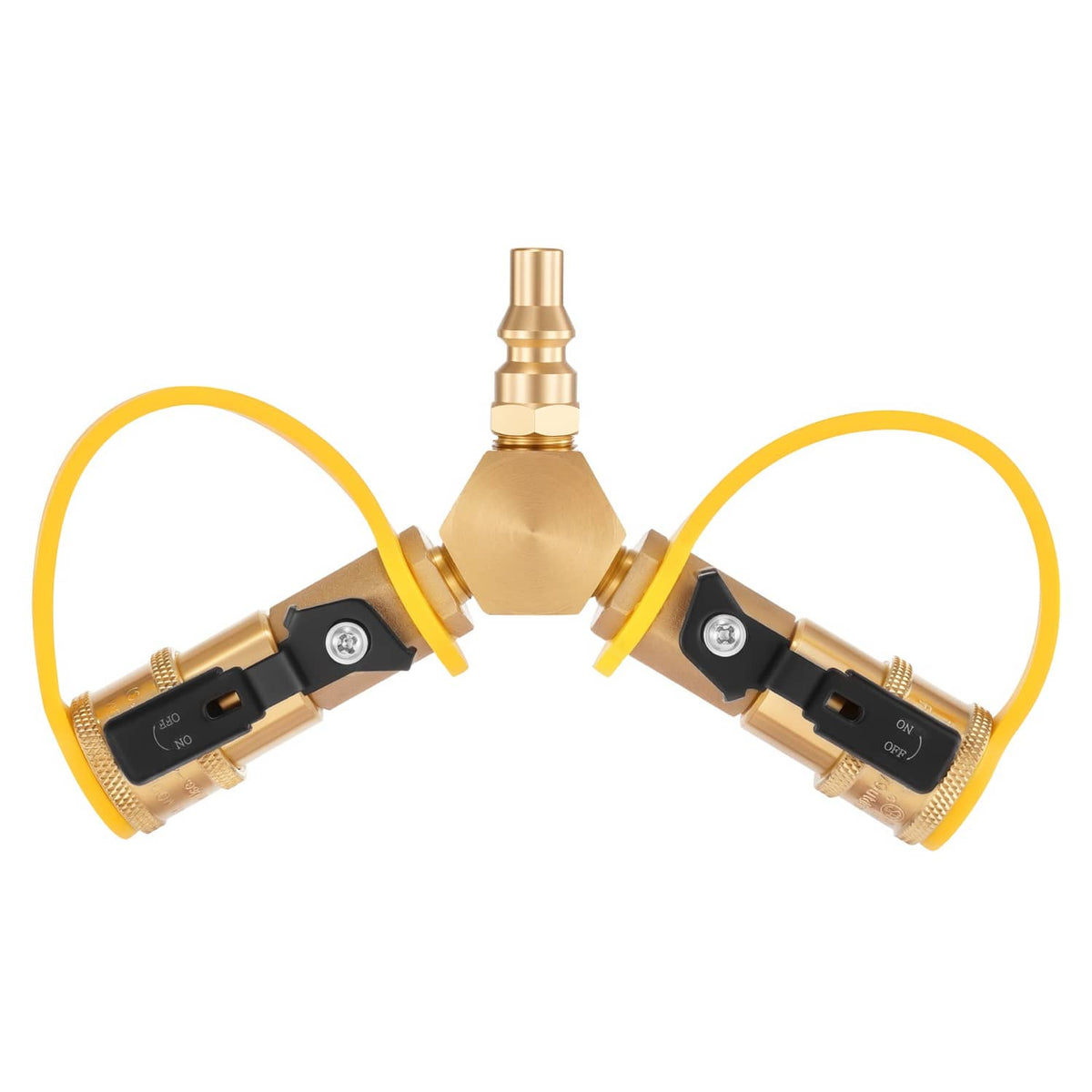 Brass propane splitter adapter with dual quick-connect ports and yellow hoses