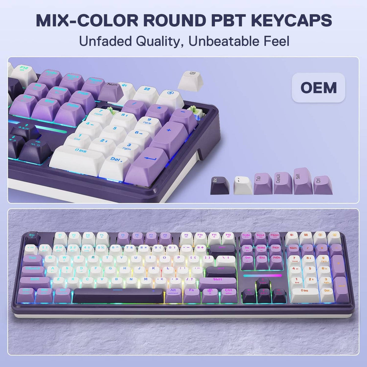 Purple gaming keyboard with mixed-color round PBT keycaps and multicolor RGB glow