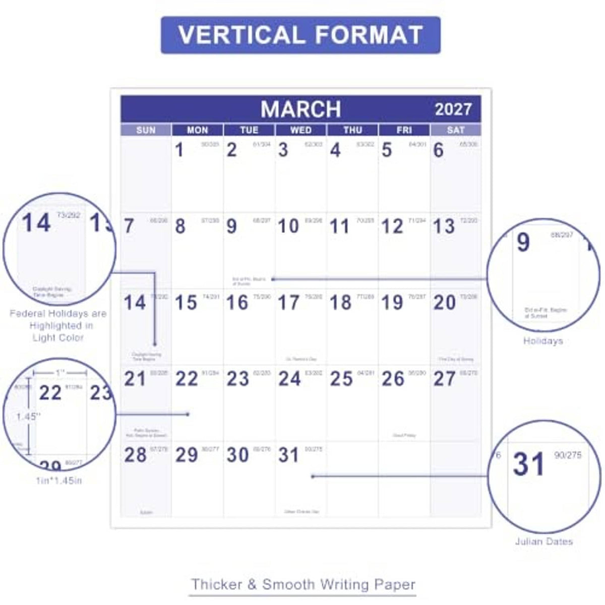 2027 vertical wall calendar layout with blue top header and monthly date grid